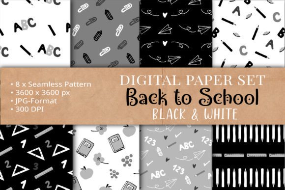 Back to School Pattern Set Black White